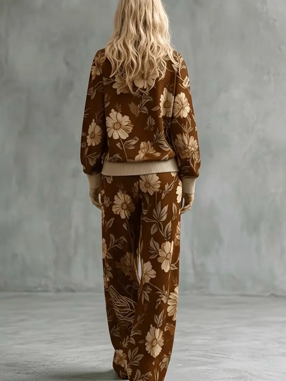 Retro Brown Floral Wide-Leg Pants + Top Set with pockets New Boutique loose fit - Picture 4 of 5
